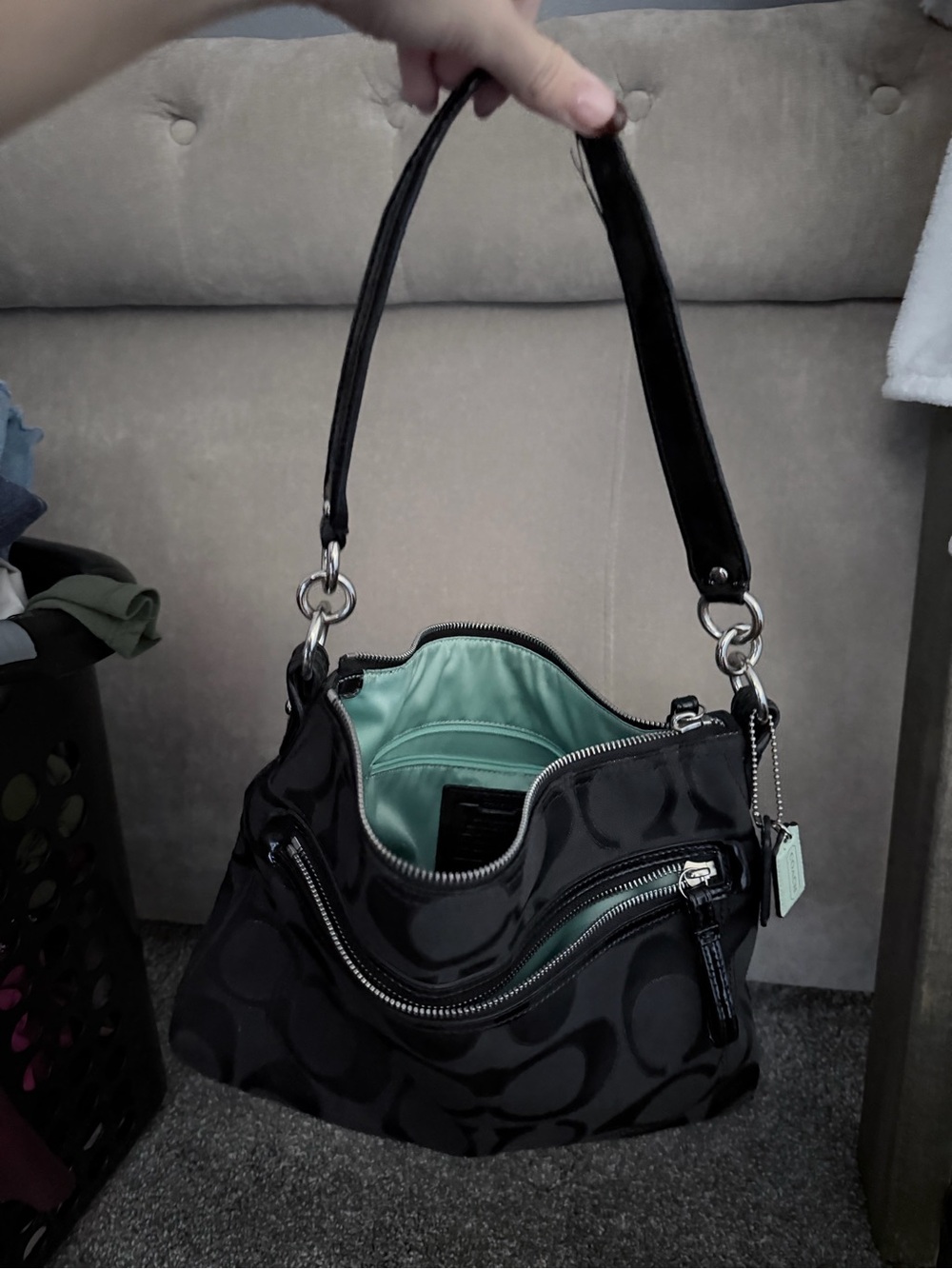 Coach Black Signature Shoulder Bag with Mint Interior